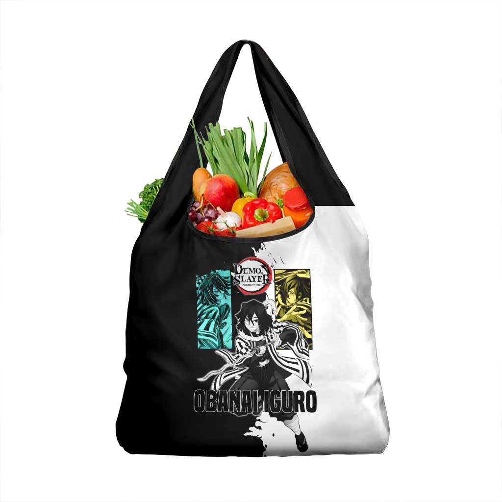Obanai Iguro from Demon Slayer Grocery Bag with Black and White Contrast Background and Serpent-Themed Manga Style Design - The Mazicc