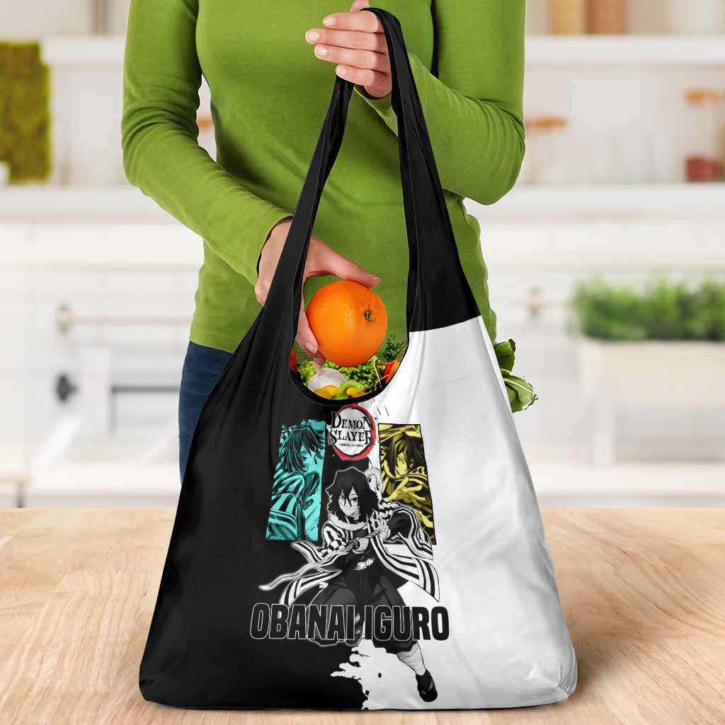 Obanai Iguro from Demon Slayer Grocery Bag with Black and White Contrast Background and Serpent-Themed Manga Style Design - The Mazicc