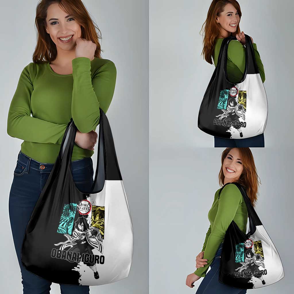Obanai Iguro from Demon Slayer Grocery Bag with Black and White Contrast Background and Serpent-Themed Manga Style Design - The Mazicc