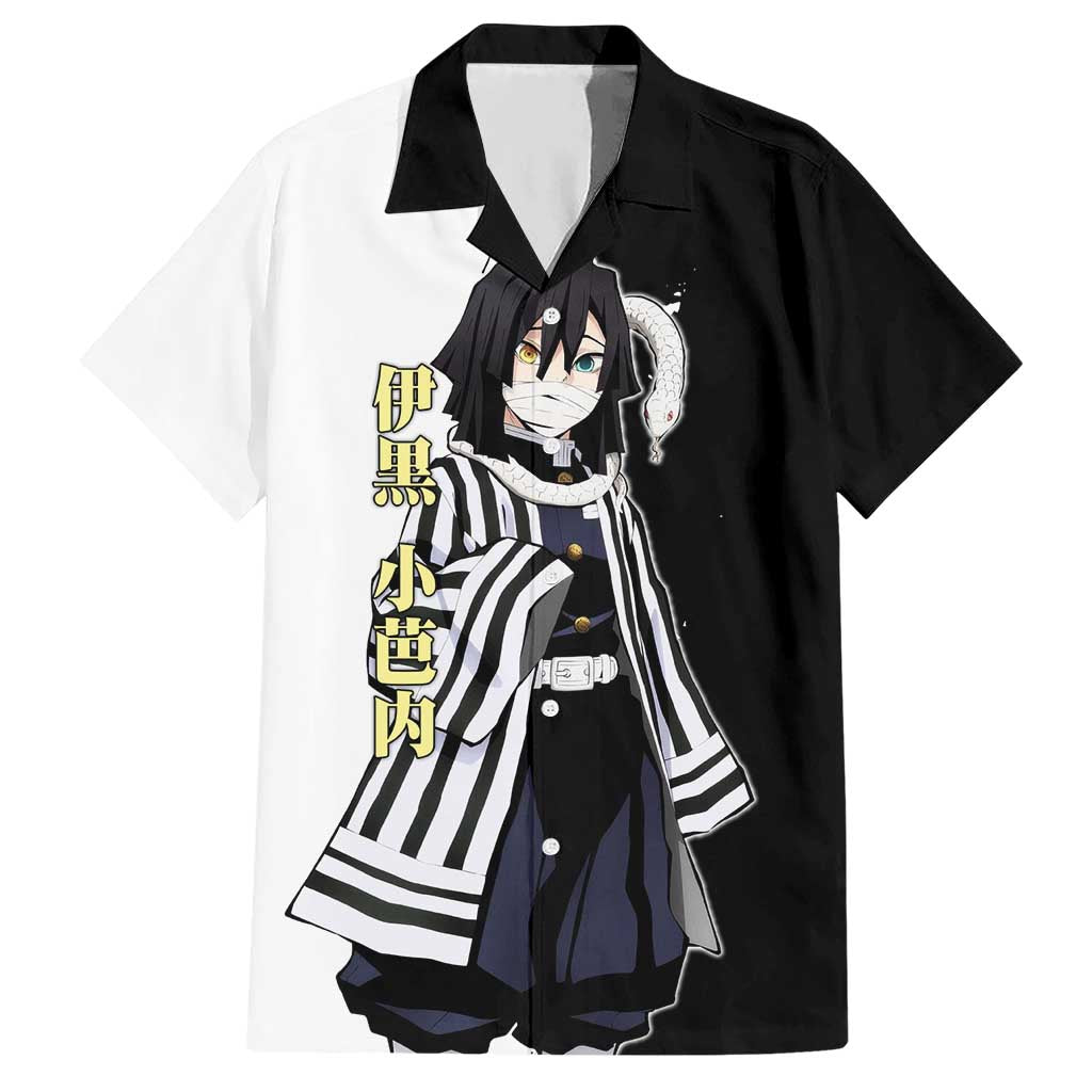 Obanai Iguro from Demon Slayer Hawaiian Shirt with Black and White Contrast Background and Serpent-Themed Manga Style Design - The Mazicc