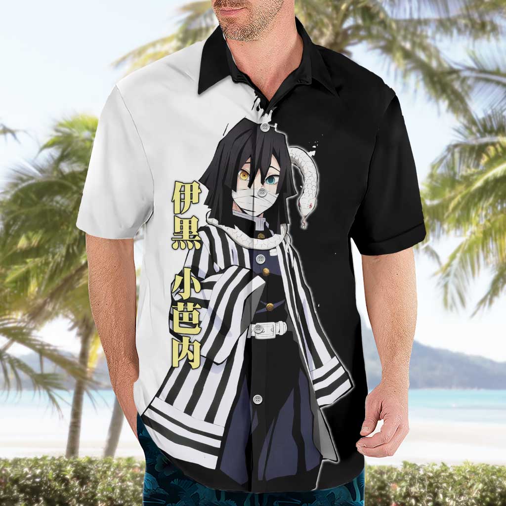 Obanai Iguro from Demon Slayer Hawaiian Shirt with Black and White Contrast Background and Serpent-Themed Manga Style Design - The Mazicc