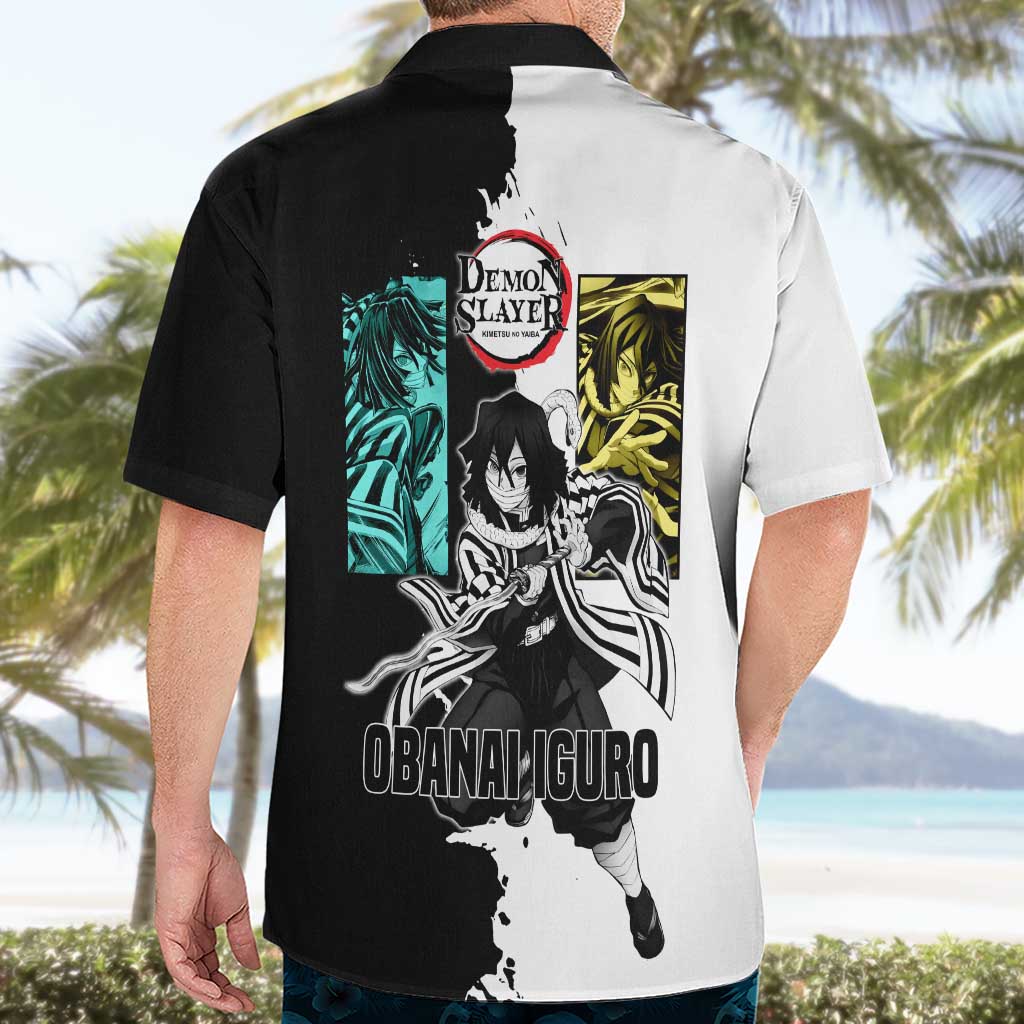 Obanai Iguro from Demon Slayer Hawaiian Shirt with Black and White Contrast Background and Serpent-Themed Manga Style Design - The Mazicc