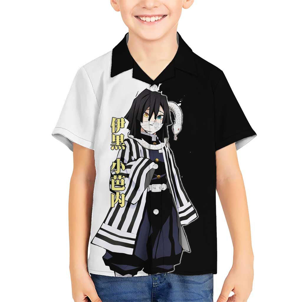 Obanai Iguro from Demon Slayer Hawaiian Shirt with Black and White Contrast Background and Serpent-Themed Manga Style Design - The Mazicc