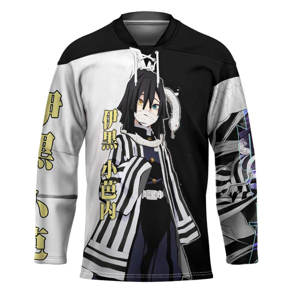 Obanai Iguro from Demon Slayer Hockey Jersey with Black and White Contrast Background and Serpent-Themed Manga Style Design - The Mazicc