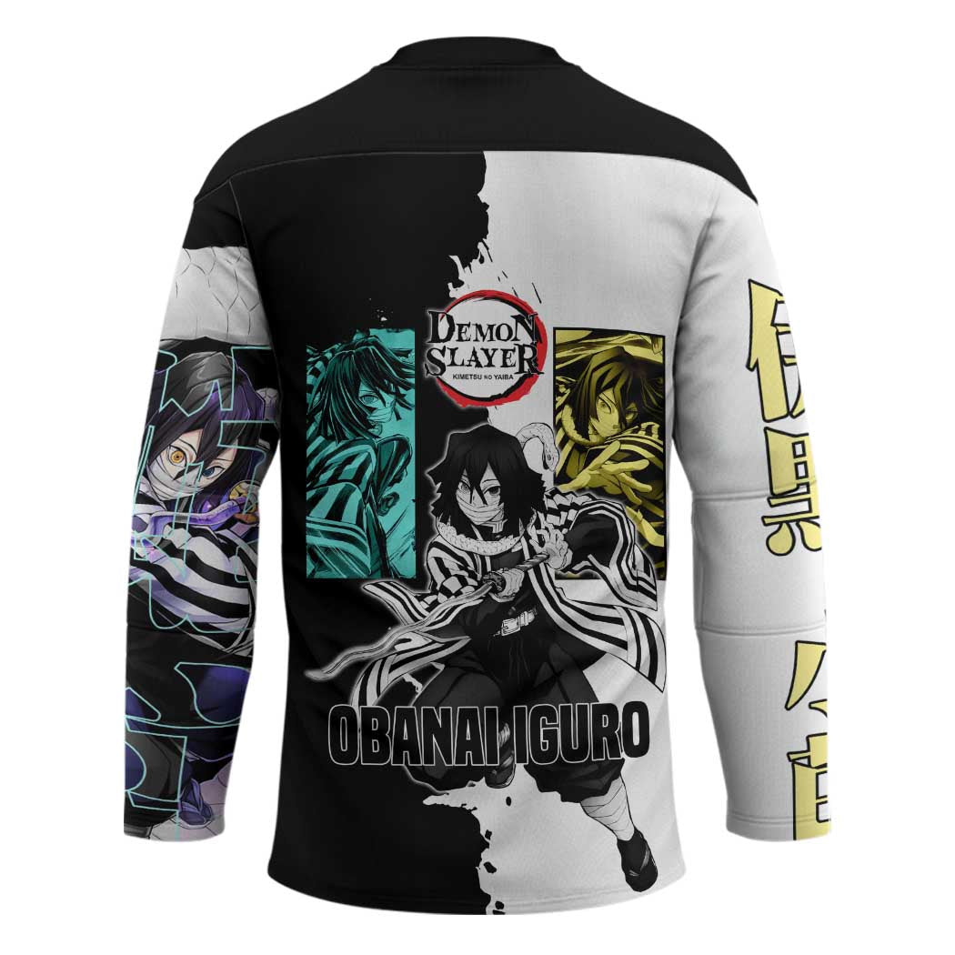 Obanai Iguro from Demon Slayer Hockey Jersey with Black and White Contrast Background and Serpent-Themed Manga Style Design - The Mazicc