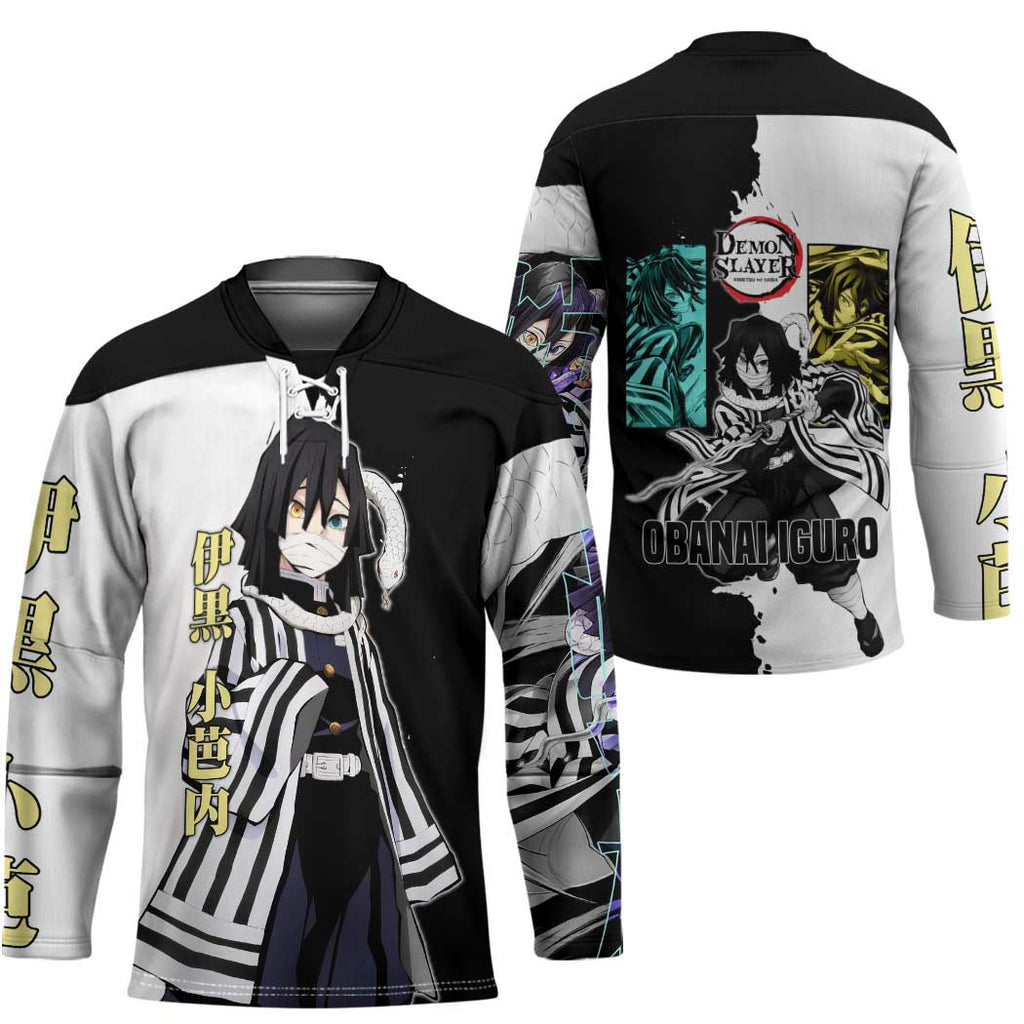 Obanai Iguro from Demon Slayer Hockey Jersey with Black and White Contrast Background and Serpent-Themed Manga Style Design - The Mazicc