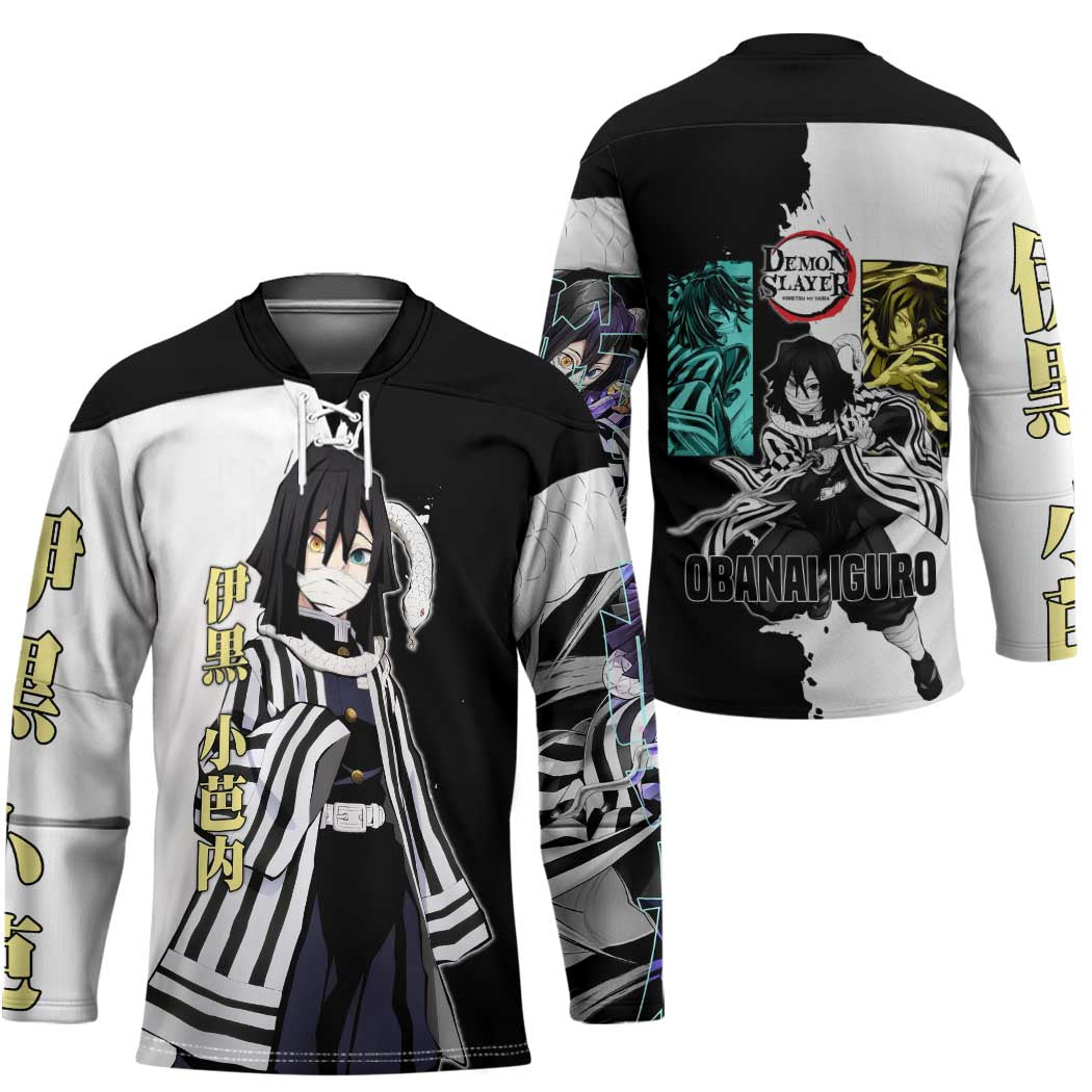 Obanai Iguro from Demon Slayer Hockey Jersey with Black and White Contrast Background and Serpent-Themed Manga Style Design - The Mazicc