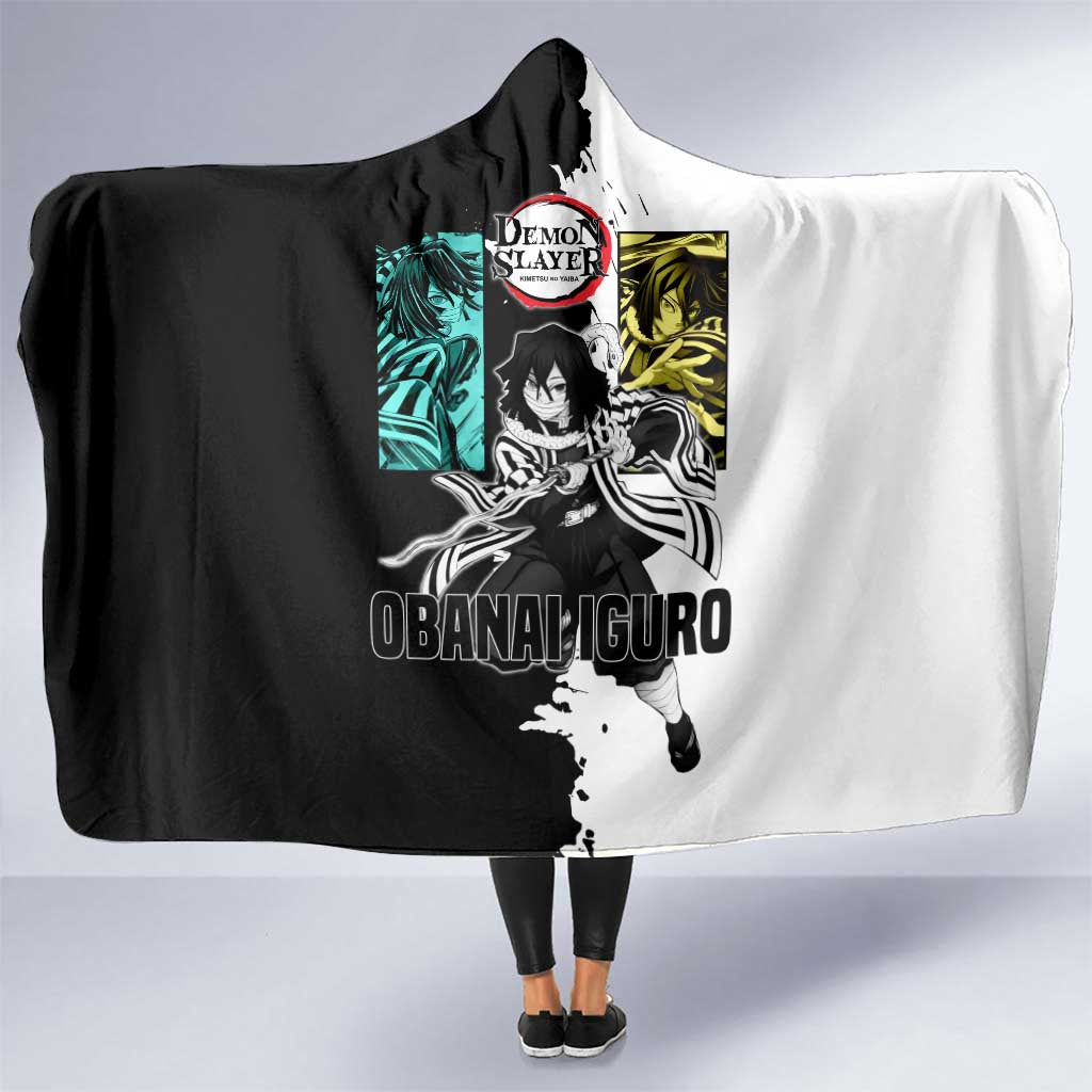 Obanai Iguro from Demon Slayer Hooded Blanket with Black and White Contrast Background and Serpent-Themed Manga Style Design - The Mazicc