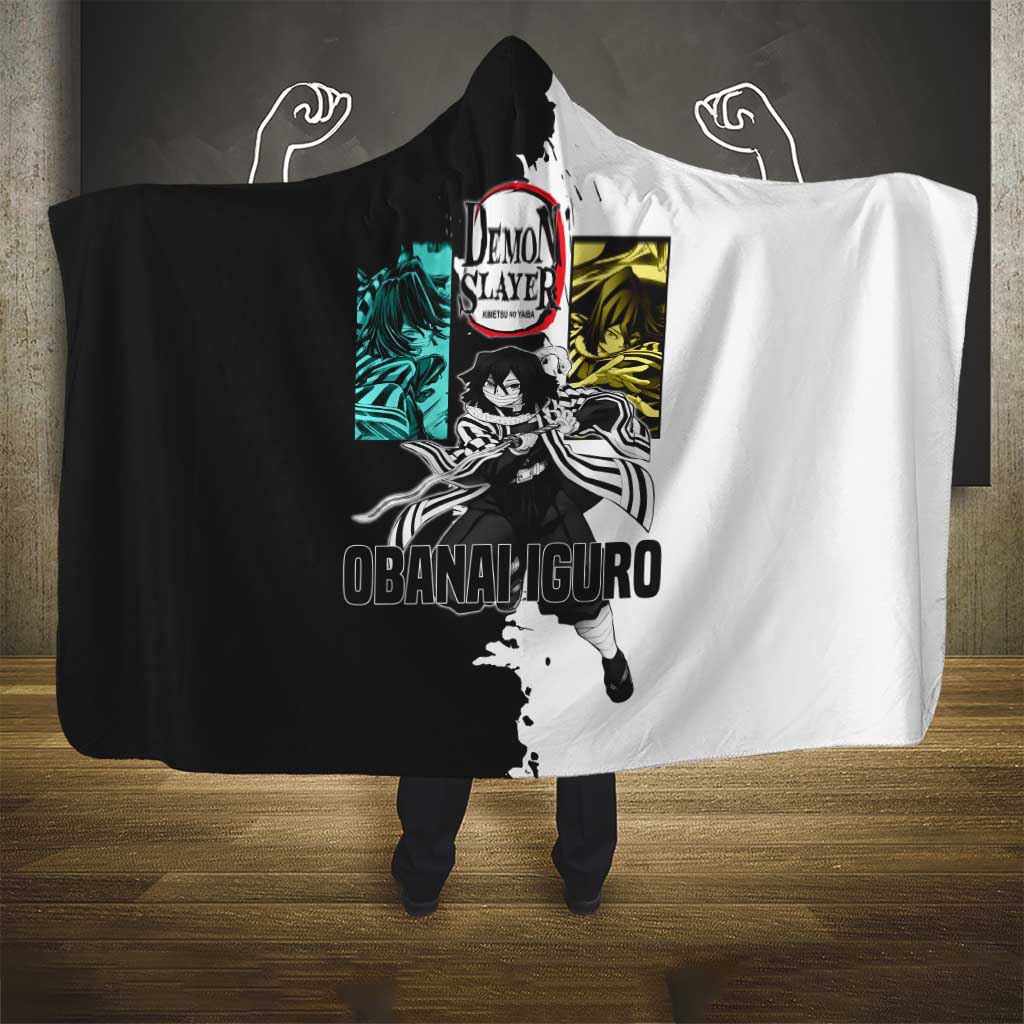 Obanai Iguro from Demon Slayer Hooded Blanket with Black and White Contrast Background and Serpent-Themed Manga Style Design - The Mazicc