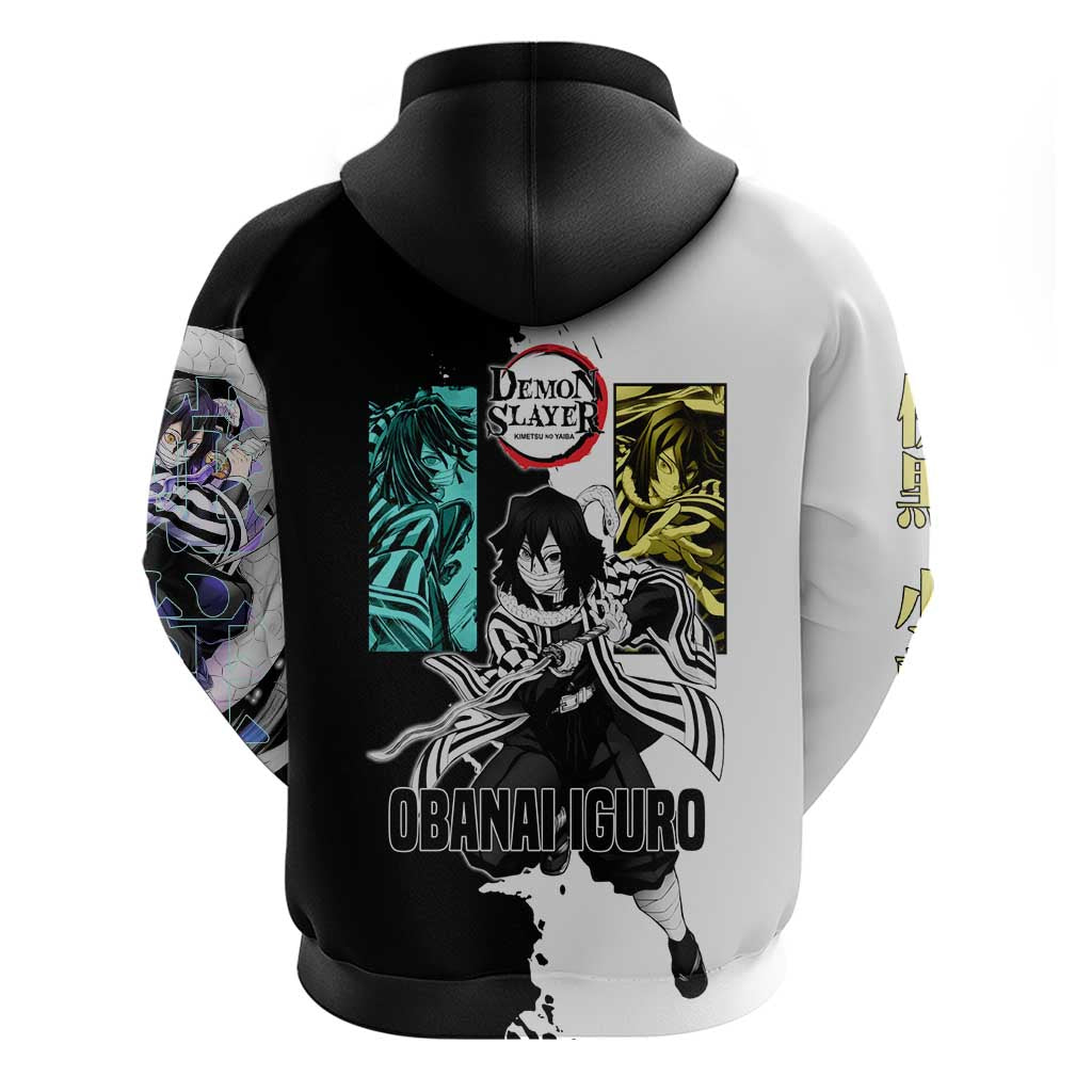 Obanai Iguro from Demon Slayer Hoodie with Black and White Contrast Background and Serpent-Themed Manga Style Design - The Mazicc