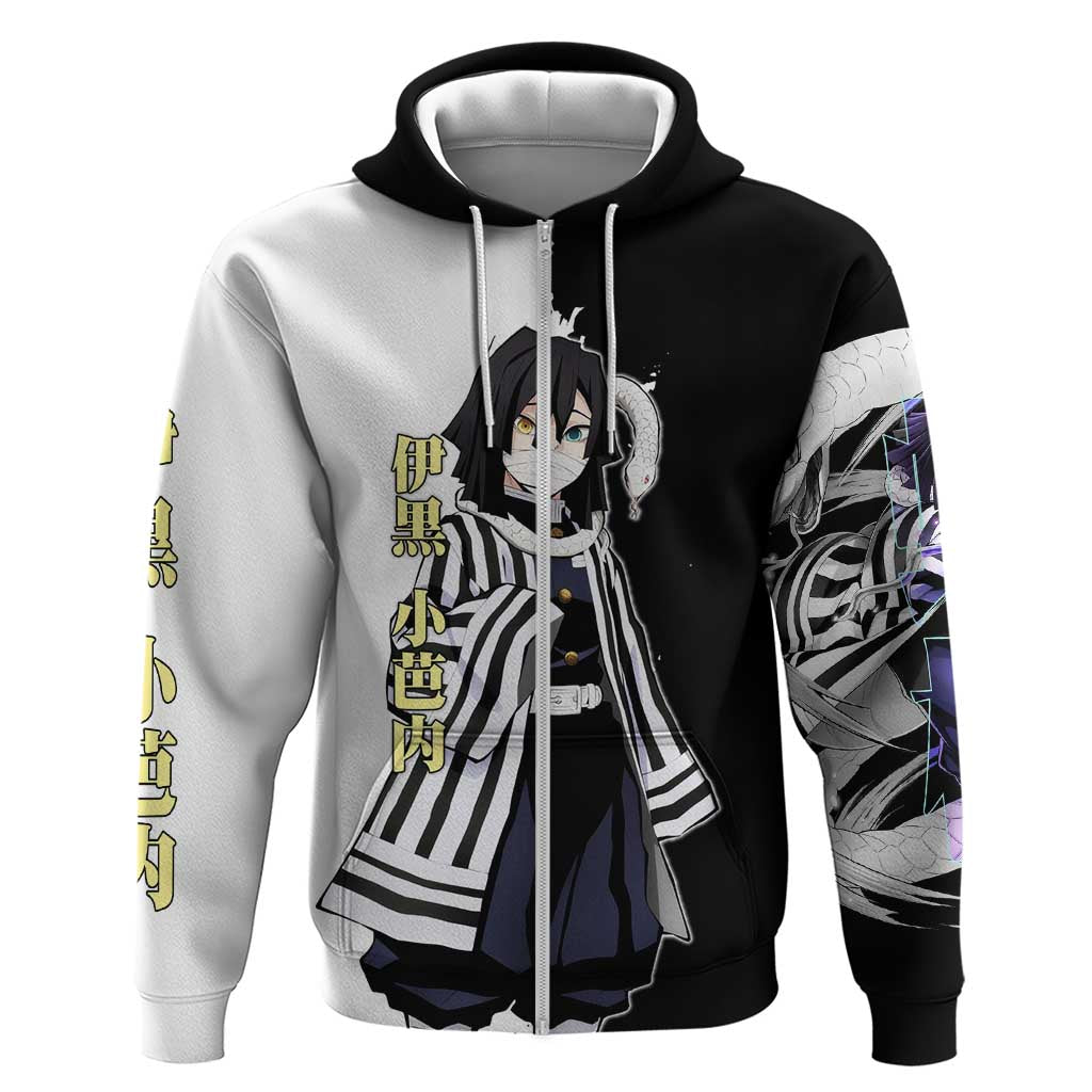 Obanai Iguro from Demon Slayer Hoodie with Black and White Contrast Background and Serpent-Themed Manga Style Design - The Mazicc
