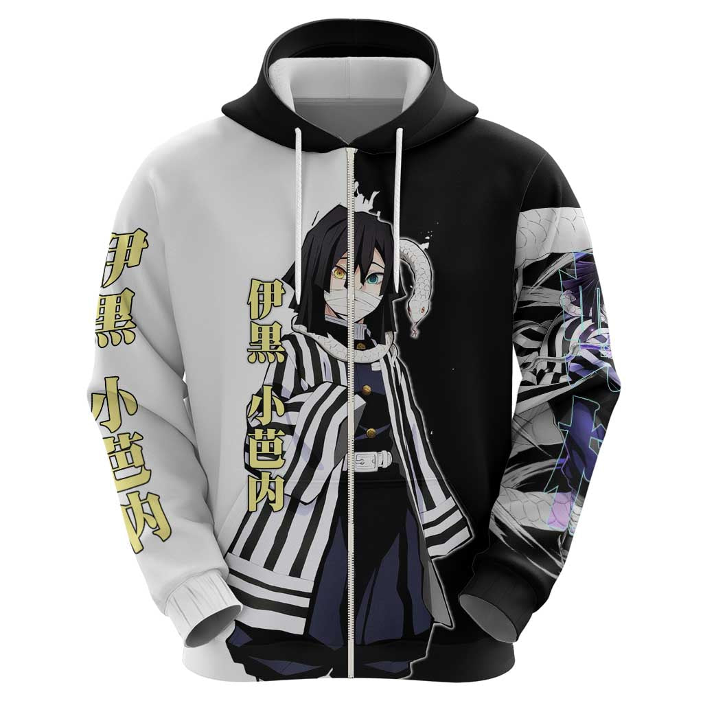 Obanai Iguro from Demon Slayer Hoodie with Black and White Contrast Background and Serpent-Themed Manga Style Design - The Mazicc