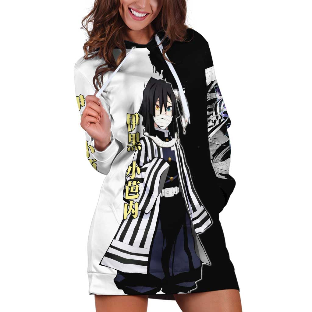 Obanai Iguro from Demon Slayer Hoodie Dress with Black and White Contrast Background and Serpent-Themed Manga Style Design - The Mazicc