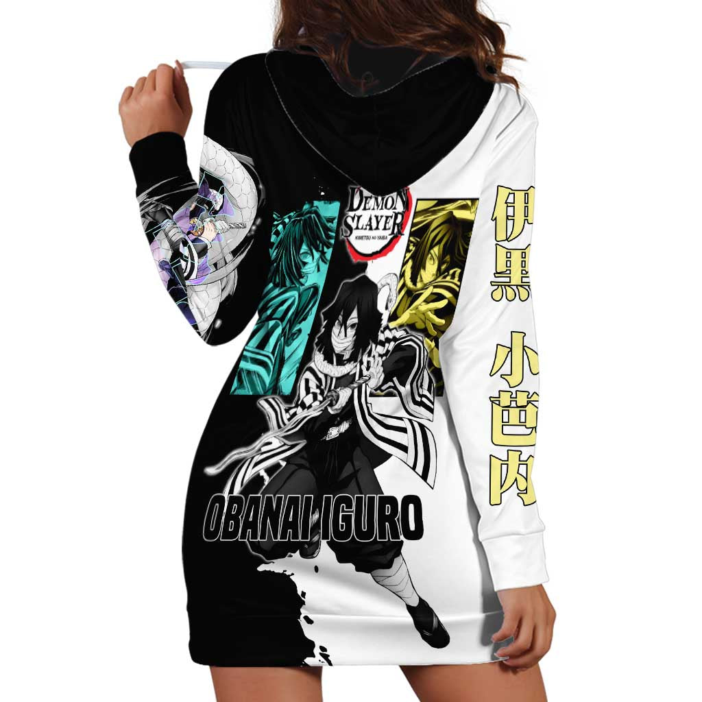 Obanai Iguro from Demon Slayer Hoodie Dress with Black and White Contrast Background and Serpent-Themed Manga Style Design - The Mazicc