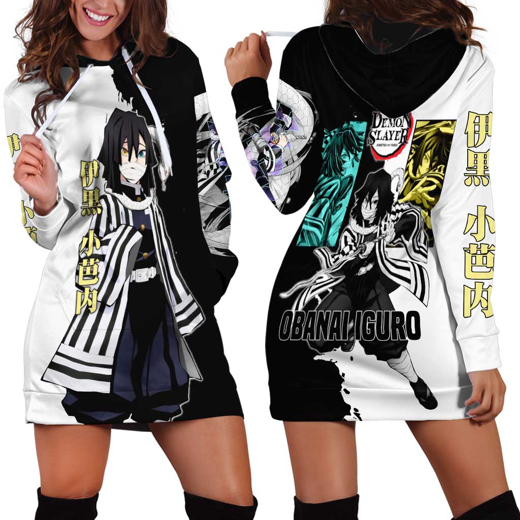 Obanai Iguro from Demon Slayer Hoodie Dress with Black and White Contrast Background and Serpent-Themed Manga Style Design - The Mazicc