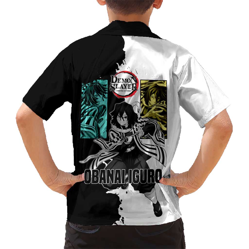 Obanai Iguro from Demon Slayer Kid Hawaiian Shirt with Black and White Contrast Background and Serpent-Themed Manga Style Design - The Mazicc