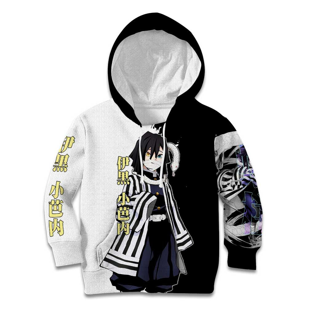 Obanai Iguro from Demon Slayer Kid Hoodie with Black and White Contrast Background and Serpent-Themed Manga Style Design - The Mazicc