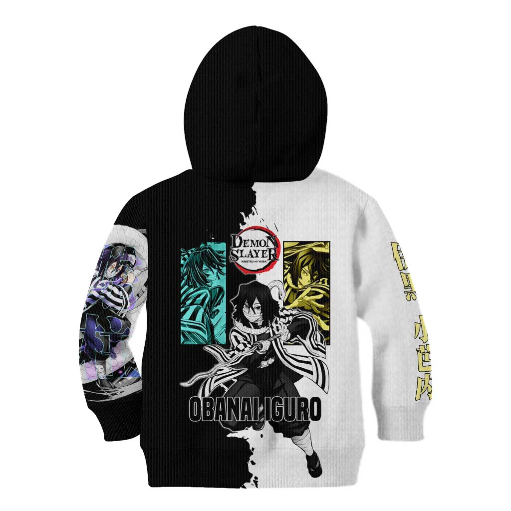 Obanai Iguro from Demon Slayer Kid Hoodie with Black and White Contrast Background and Serpent-Themed Manga Style Design - The Mazicc