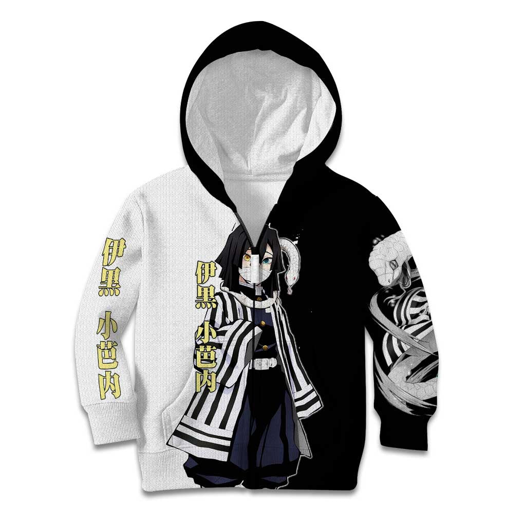 Obanai Iguro from Demon Slayer Kid Hoodie with Black and White Contrast Background and Serpent-Themed Manga Style Design - The Mazicc