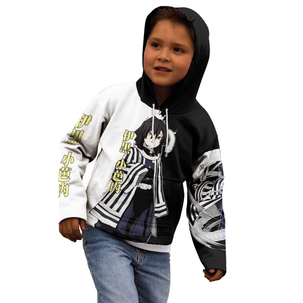 Obanai Iguro from Demon Slayer Kid Hoodie with Black and White Contrast Background and Serpent-Themed Manga Style Design - The Mazicc