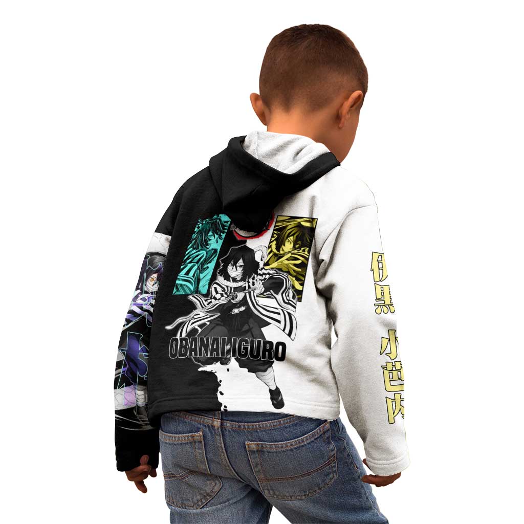 Obanai Iguro from Demon Slayer Kid Hoodie with Black and White Contrast Background and Serpent-Themed Manga Style Design - The Mazicc