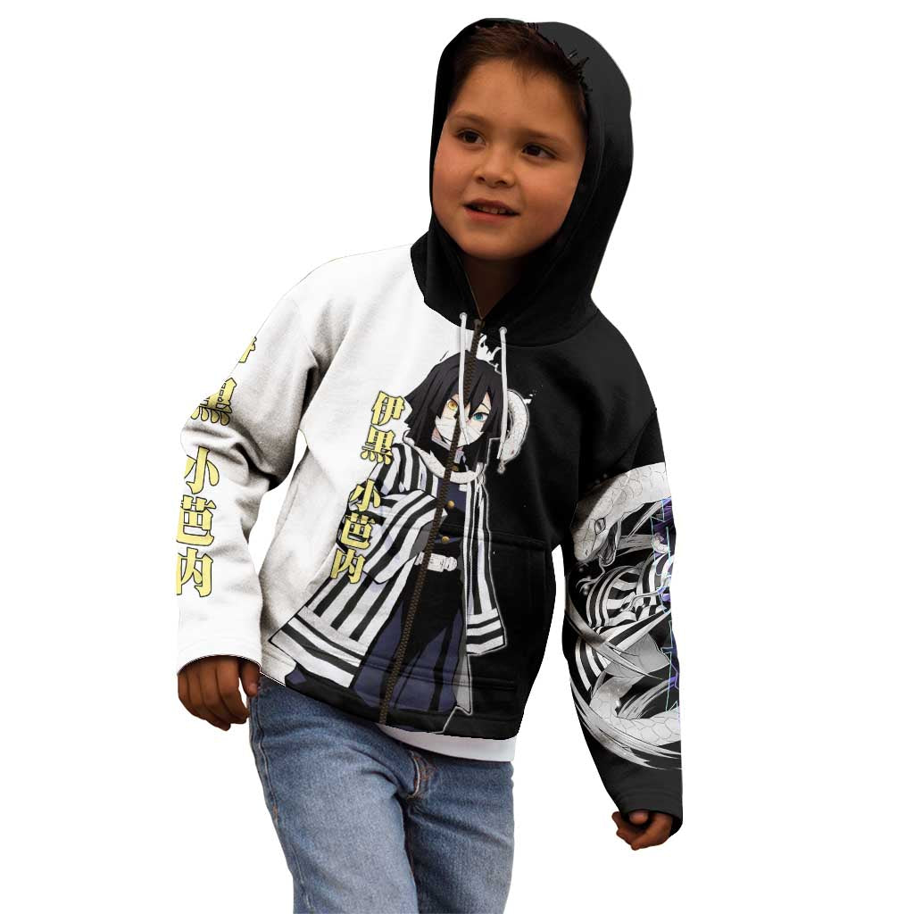 Obanai Iguro from Demon Slayer Kid Hoodie with Black and White Contrast Background and Serpent-Themed Manga Style Design - The Mazicc