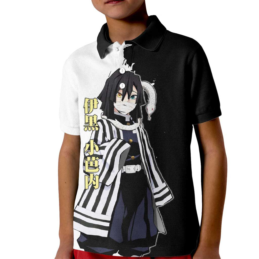 Obanai Iguro from Demon Slayer Kid Polo Shirt with Black and White Contrast Background and Serpent-Themed Manga Style Design - The Mazicc