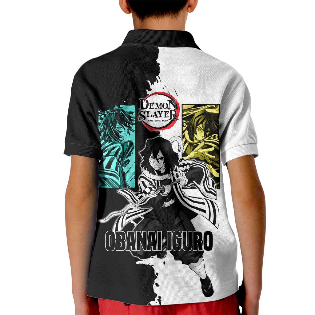 Obanai Iguro from Demon Slayer Kid Polo Shirt with Black and White Contrast Background and Serpent-Themed Manga Style Design - The Mazicc