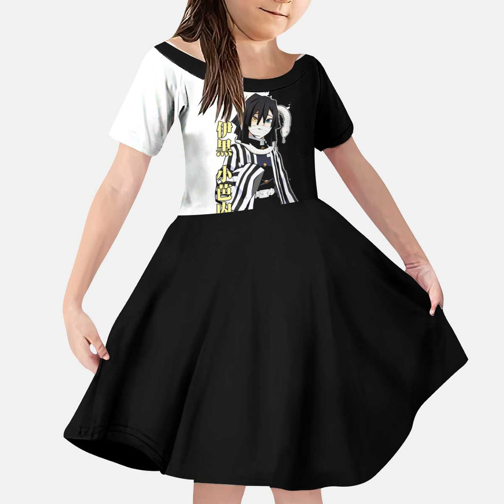 Obanai Iguro from Demon Slayer Kid Short Sleeve Dress with Black and White Contrast Background and Serpent-Themed Manga Style Design - The Mazicc