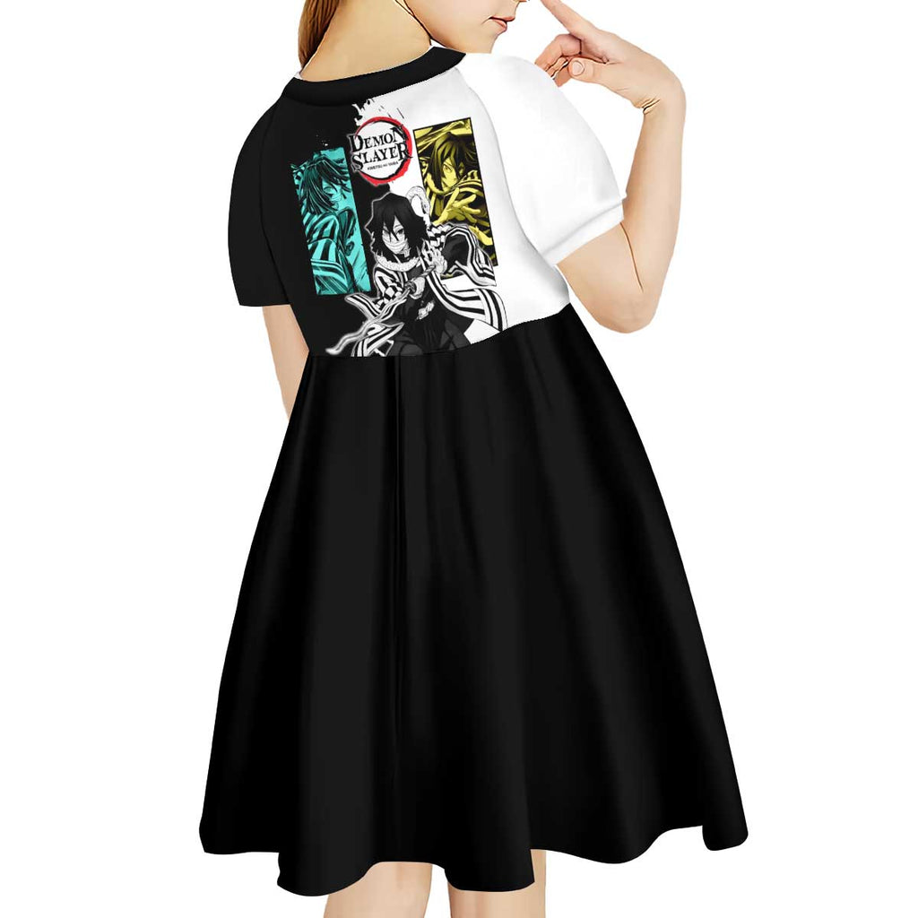 Obanai Iguro from Demon Slayer Kid Short Sleeve Dress with Black and White Contrast Background and Serpent-Themed Manga Style Design - The Mazicc