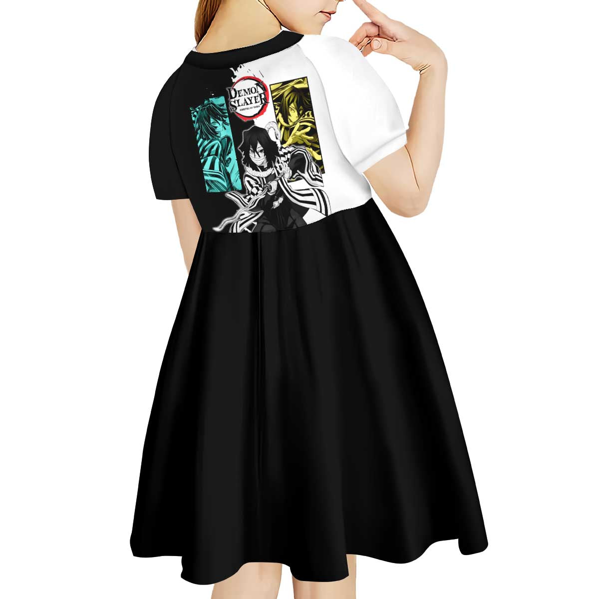 Obanai Iguro from Demon Slayer Kid Short Sleeve Dress with Black and White Contrast Background and Serpent-Themed Manga Style Design - The Mazicc