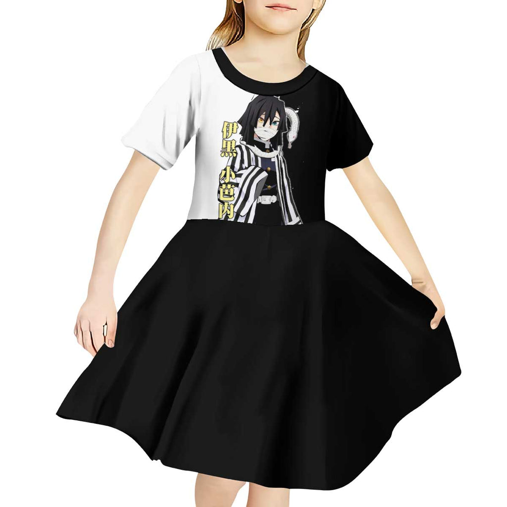 Obanai Iguro from Demon Slayer Kid Short Sleeve Dress with Black and White Contrast Background and Serpent-Themed Manga Style Design - The Mazicc