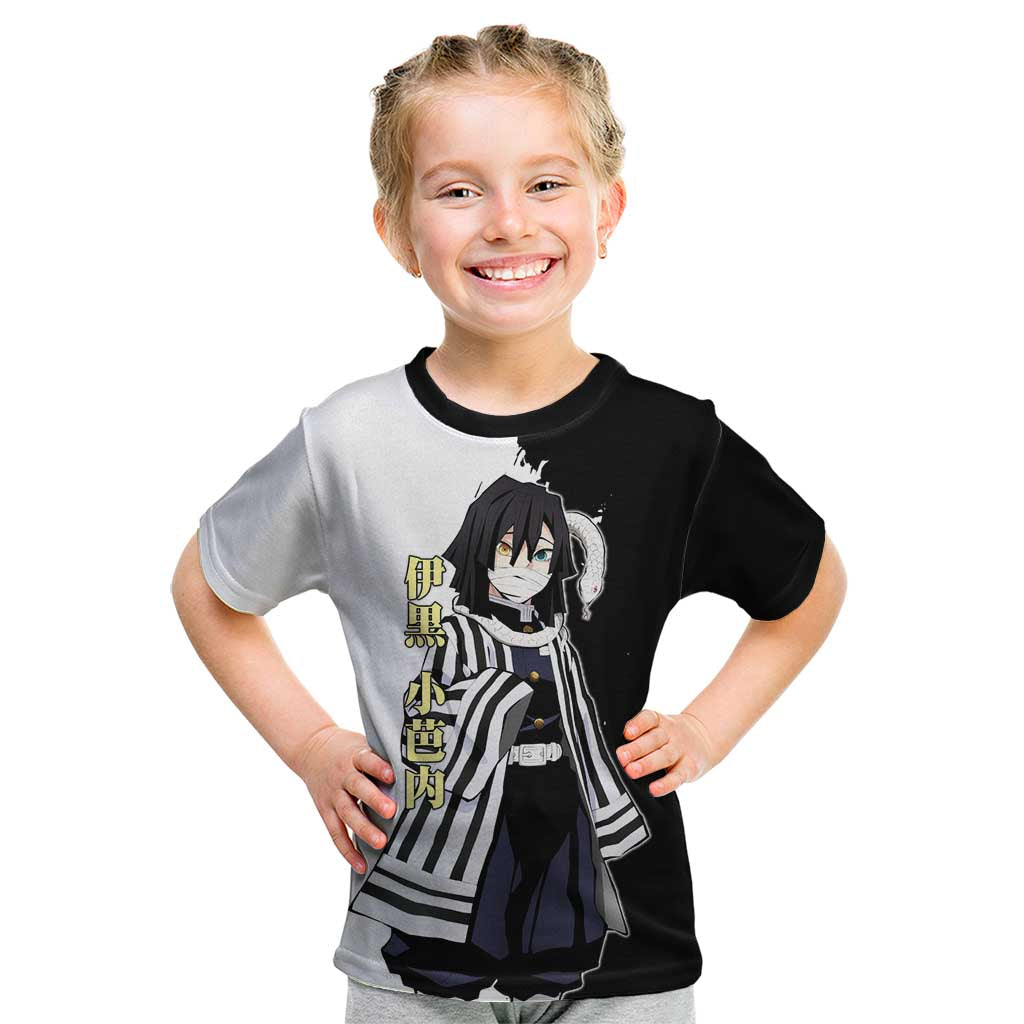 Obanai Iguro from Demon Slayer Kid T Shirt with Black and White Contrast Background and Serpent-Themed Manga Style Design - The Mazicc