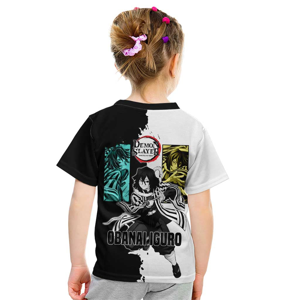 Obanai Iguro from Demon Slayer Kid T Shirt with Black and White Contrast Background and Serpent-Themed Manga Style Design - The Mazicc