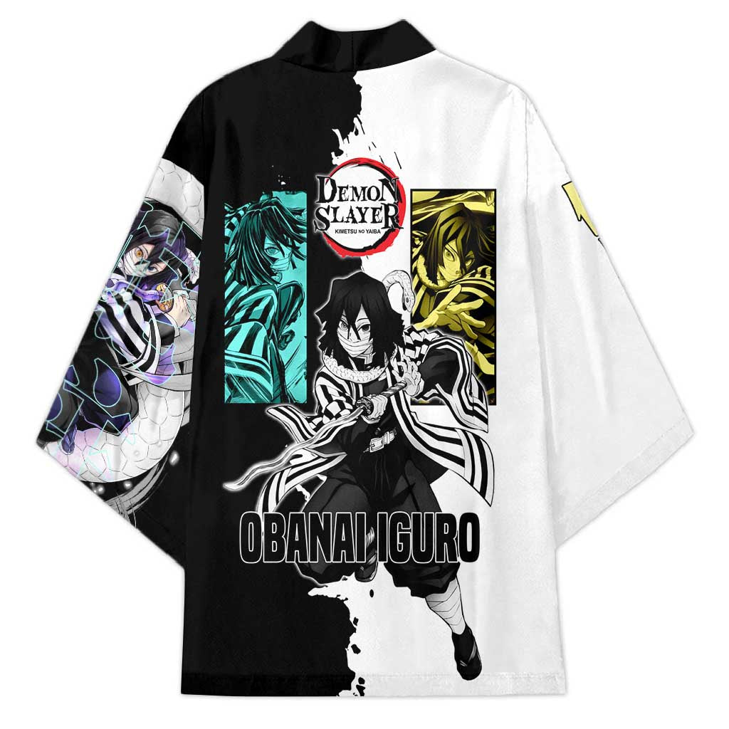 Obanai Iguro from Demon Slayer Kimono with Black and White Contrast Background and Serpent-Themed Manga Style Design - The Mazicc