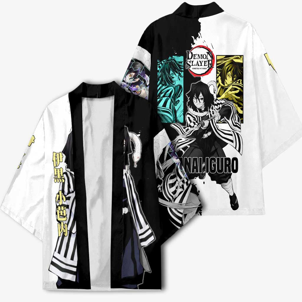 Obanai Iguro from Demon Slayer Kimono with Black and White Contrast Background and Serpent-Themed Manga Style Design - The Mazicc