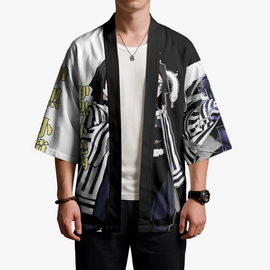 Obanai Iguro from Demon Slayer Kimono with Black and White Contrast Background and Serpent-Themed Manga Style Design - The Mazicc