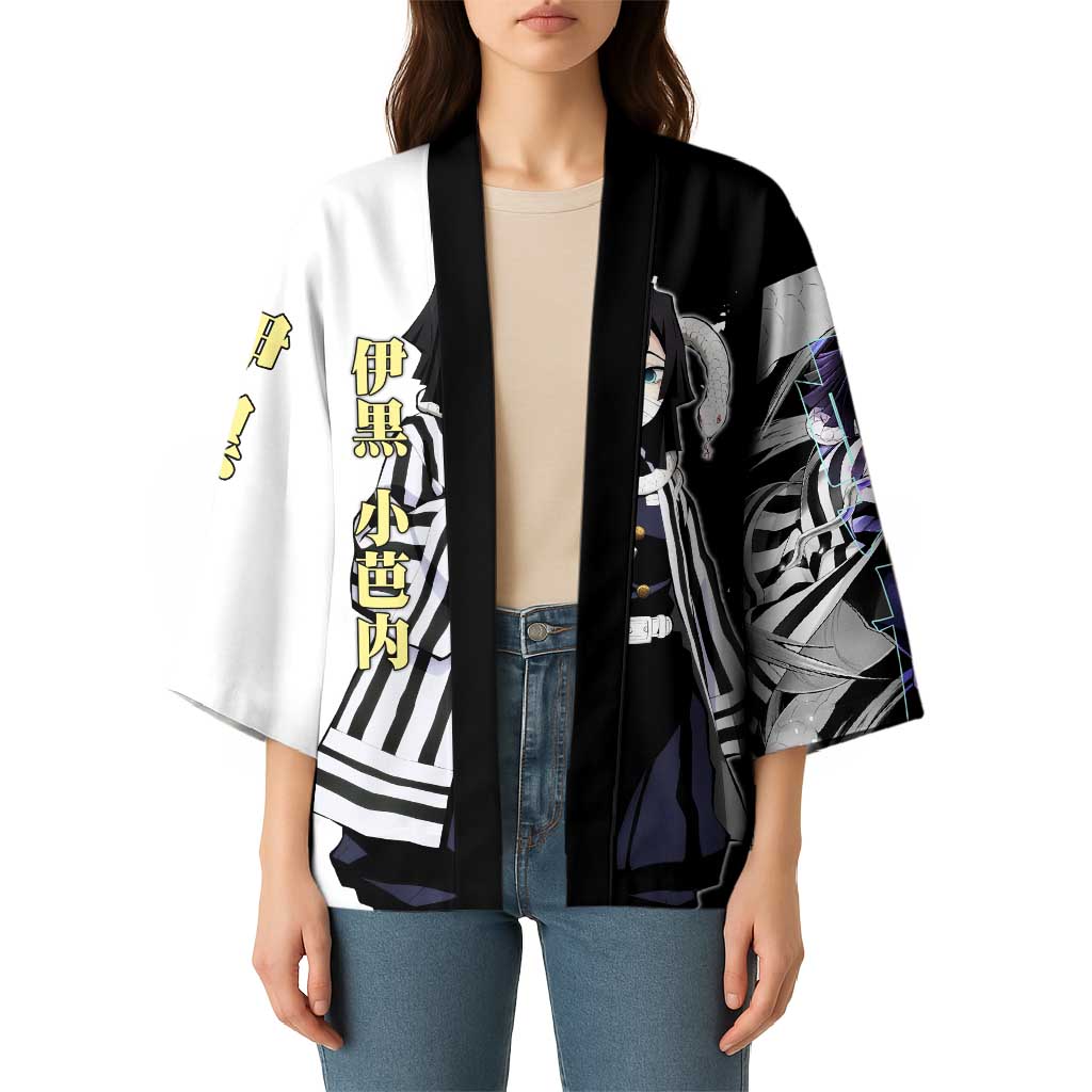 Obanai Iguro from Demon Slayer Kimono with Black and White Contrast Background and Serpent-Themed Manga Style Design - The Mazicc