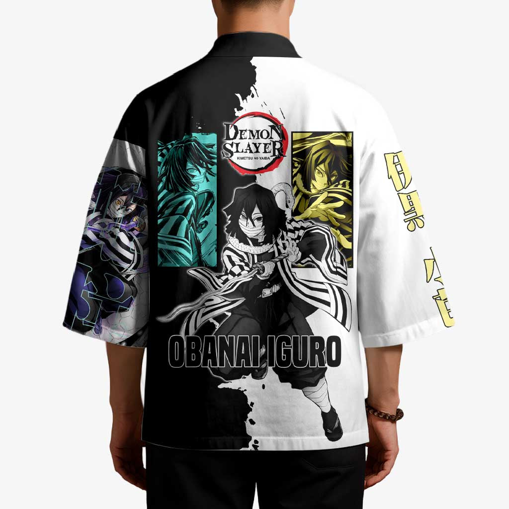 Obanai Iguro from Demon Slayer Kimono with Black and White Contrast Background and Serpent-Themed Manga Style Design - The Mazicc