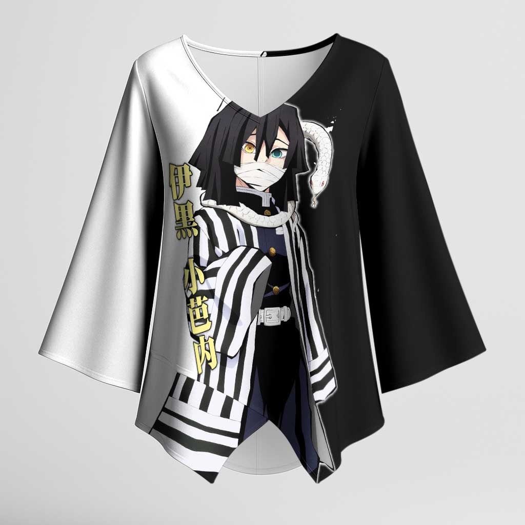 Obanai Iguro from Demon Slayer Kimono Sleeve Blouse with Black and White Contrast Background and Serpent-Themed Manga Style Design - The Mazicc