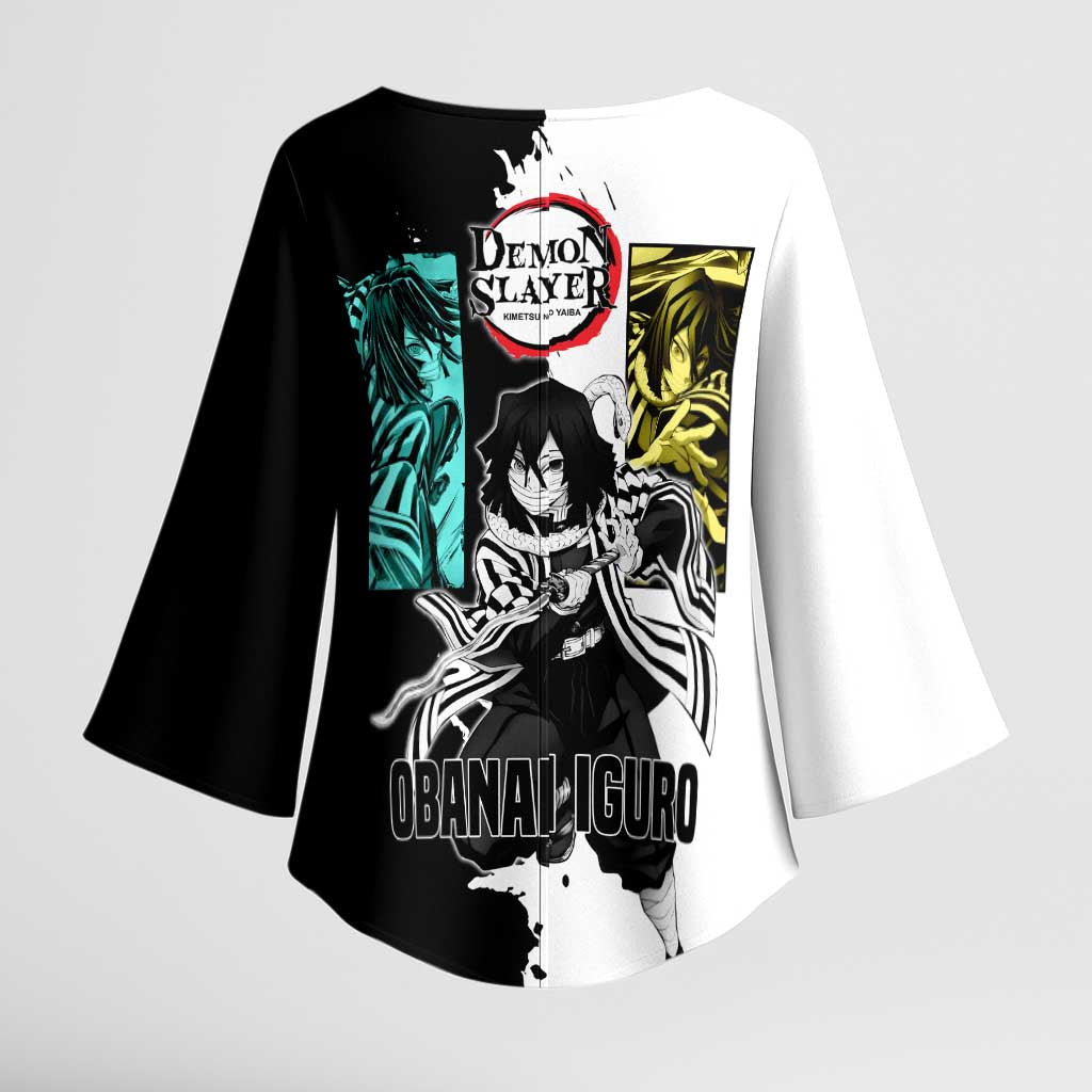 Obanai Iguro from Demon Slayer Kimono Sleeve Blouse with Black and White Contrast Background and Serpent-Themed Manga Style Design - The Mazicc