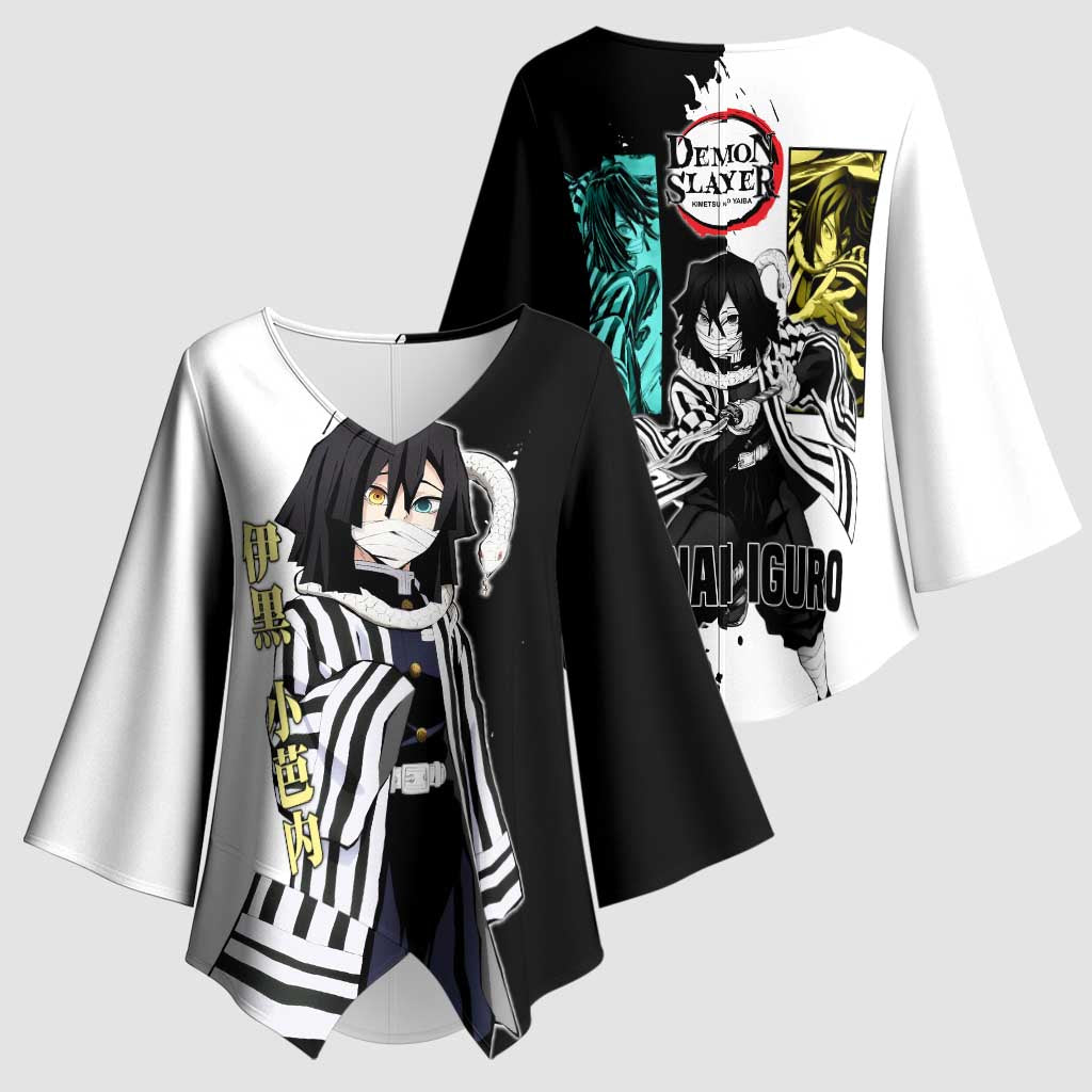 Obanai Iguro from Demon Slayer Kimono Sleeve Blouse with Black and White Contrast Background and Serpent-Themed Manga Style Design - The Mazicc