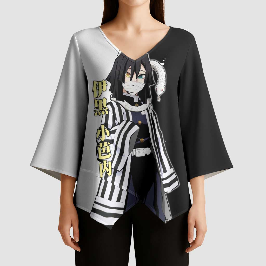 Obanai Iguro from Demon Slayer Kimono Sleeve Blouse with Black and White Contrast Background and Serpent-Themed Manga Style Design - The Mazicc