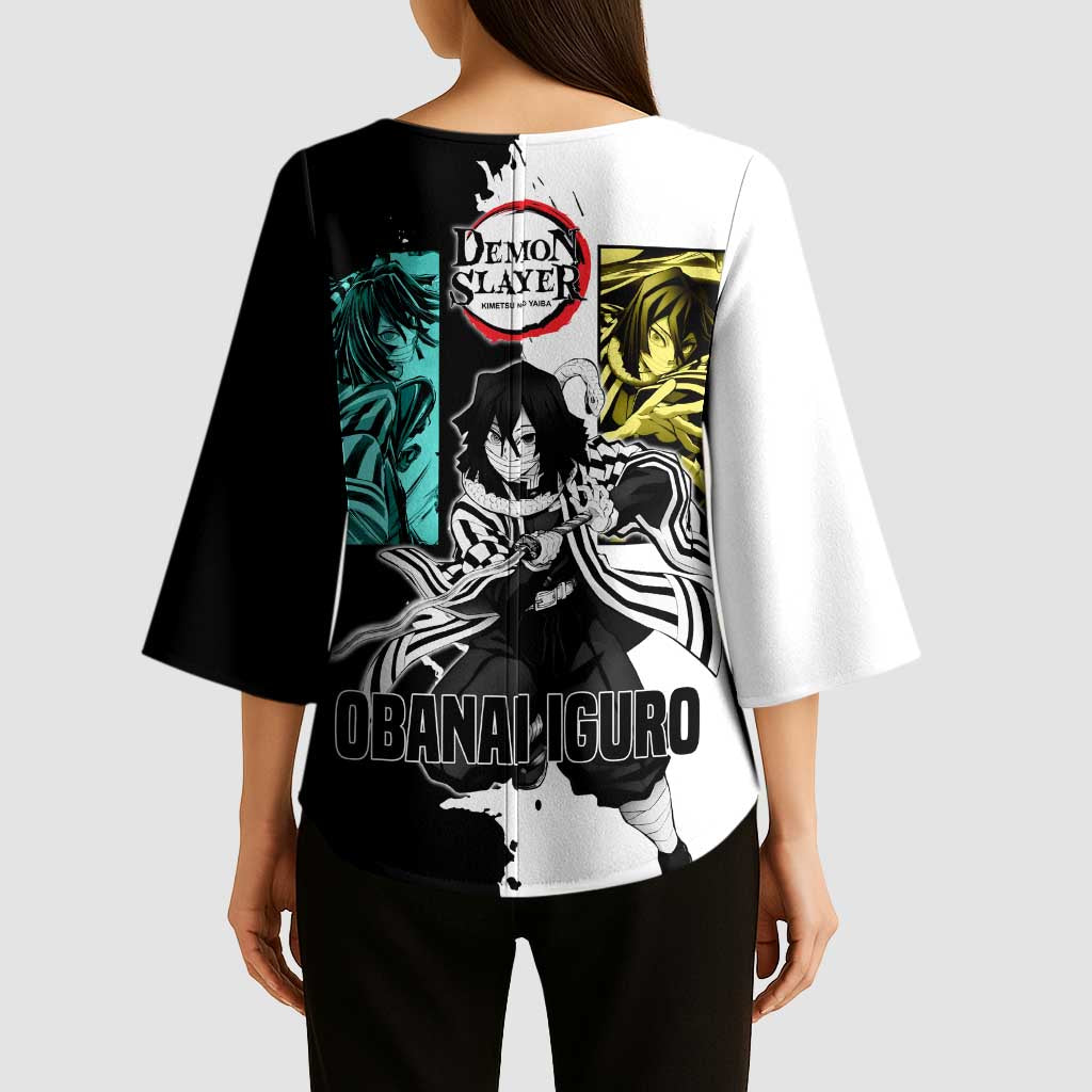 Obanai Iguro from Demon Slayer Kimono Sleeve Blouse with Black and White Contrast Background and Serpent-Themed Manga Style Design - The Mazicc