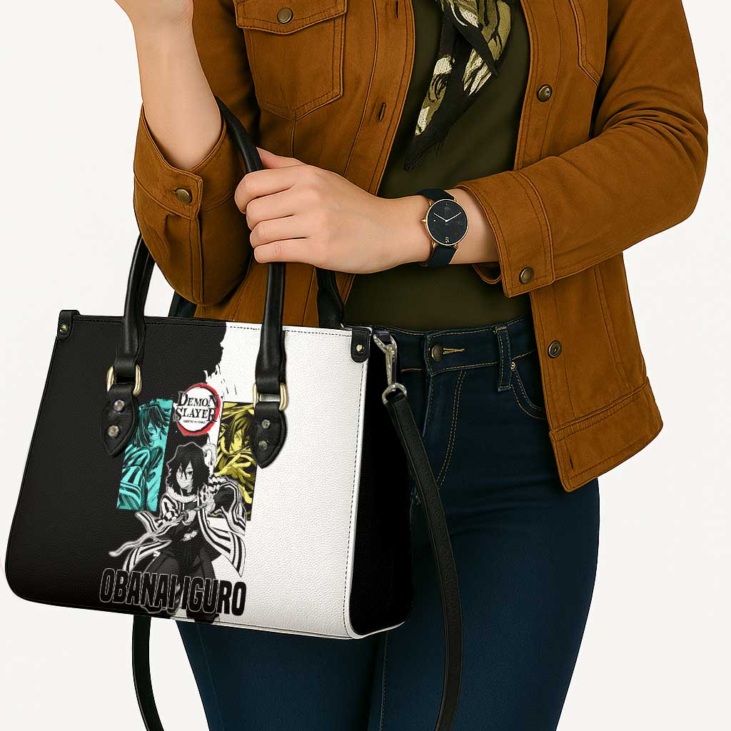 Obanai Iguro from Demon Slayer Leather Bag with Black and White Contrast Background and Serpent-Themed Manga Style Design - The Mazicc