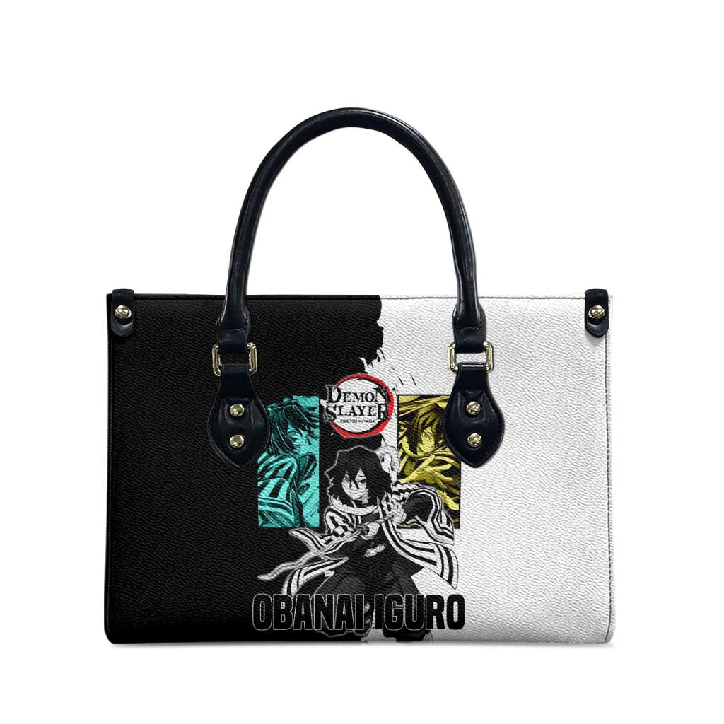 Obanai Iguro from Demon Slayer Leather Bag with Black and White Contrast Background and Serpent-Themed Manga Style Design - The Mazicc