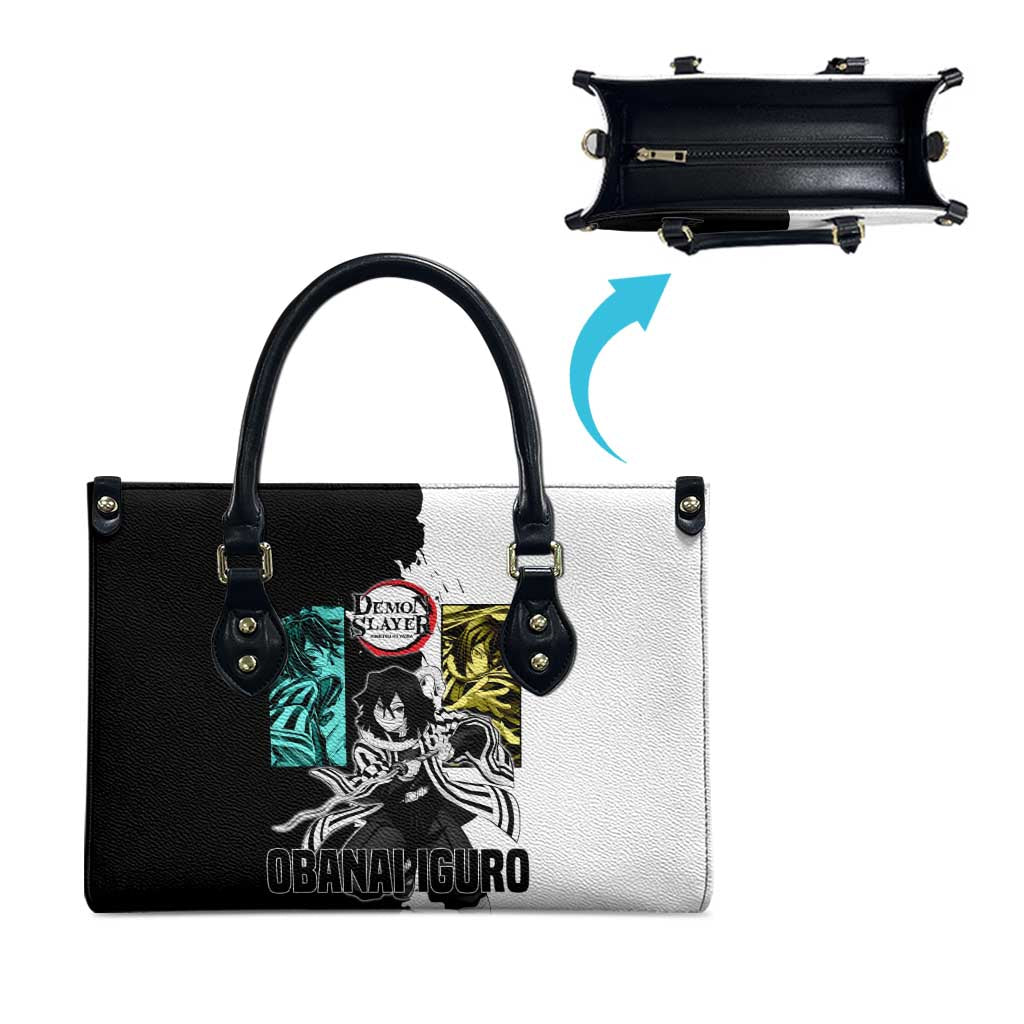 Obanai Iguro from Demon Slayer Leather Bag with Black and White Contrast Background and Serpent-Themed Manga Style Design - The Mazicc