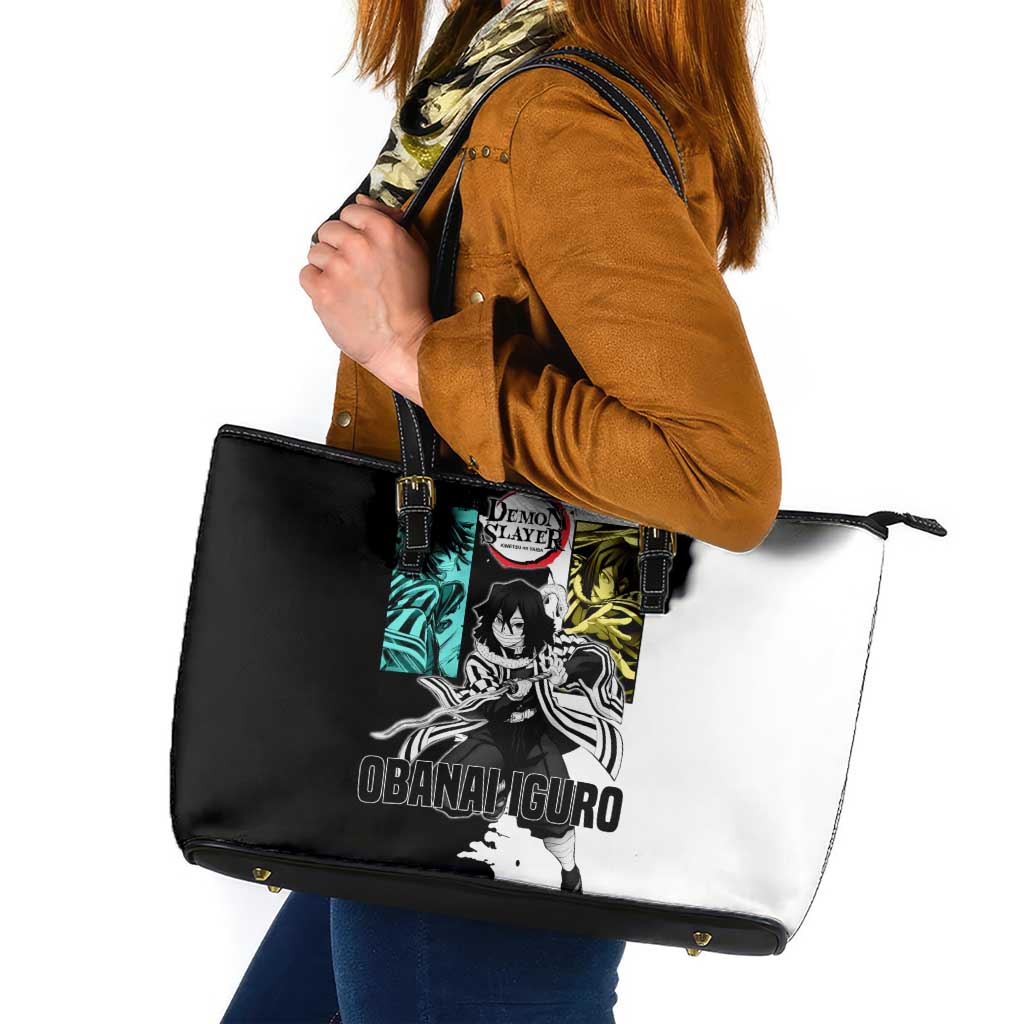 Obanai Iguro from Demon Slayer Leather Tote Bag with Black and White Contrast Background and Serpent-Themed Manga Style Design - The Mazicc