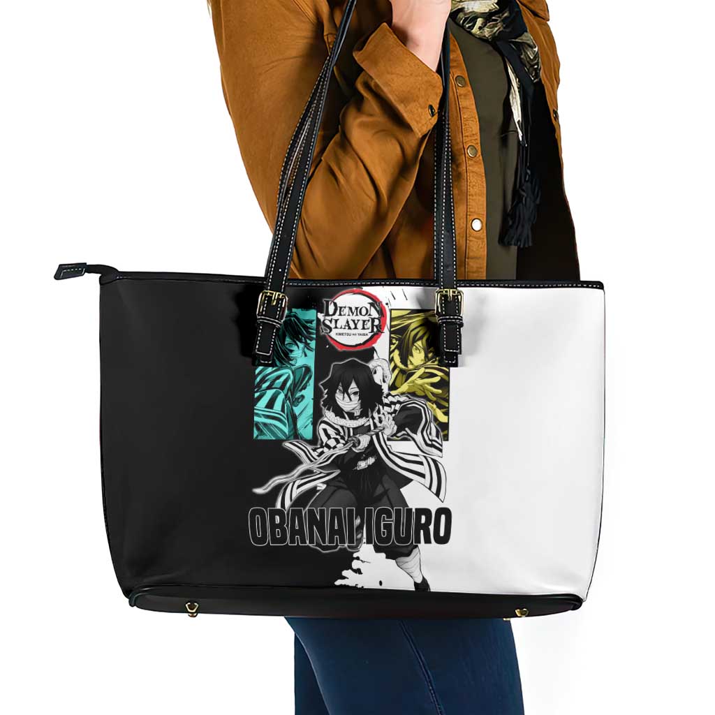 Obanai Iguro from Demon Slayer Leather Tote Bag with Black and White Contrast Background and Serpent-Themed Manga Style Design - The Mazicc