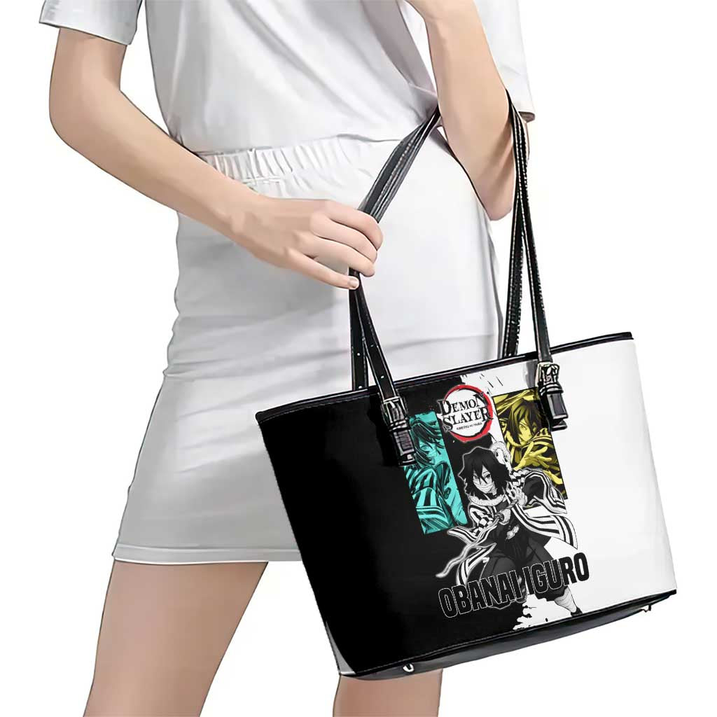 Obanai Iguro from Demon Slayer Leather Tote Bag with Black and White Contrast Background and Serpent-Themed Manga Style Design - The Mazicc
